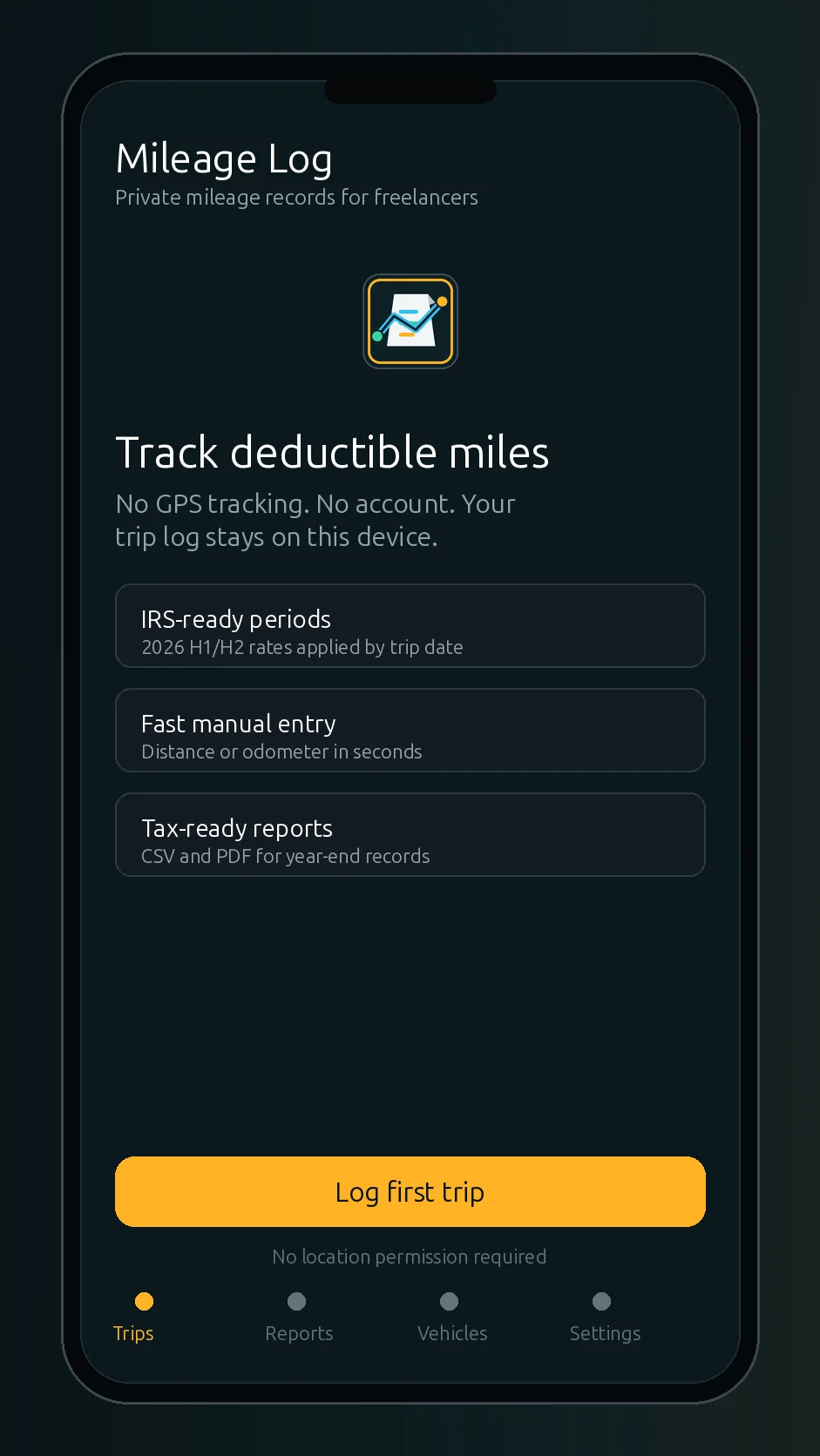 Mileage Tracker welcome screen with private mileage record positioning