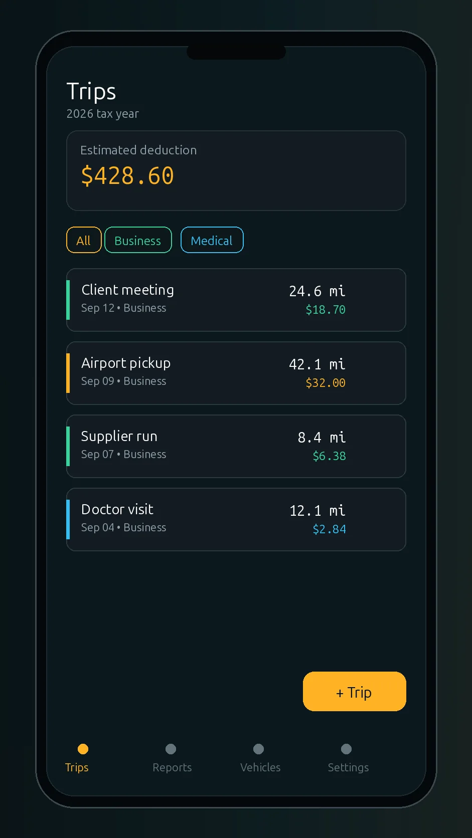 Mileage Tracker trip log screen