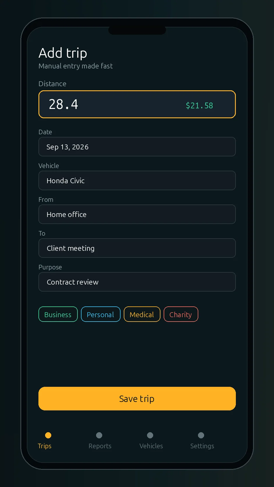 Mileage Tracker add trip screen