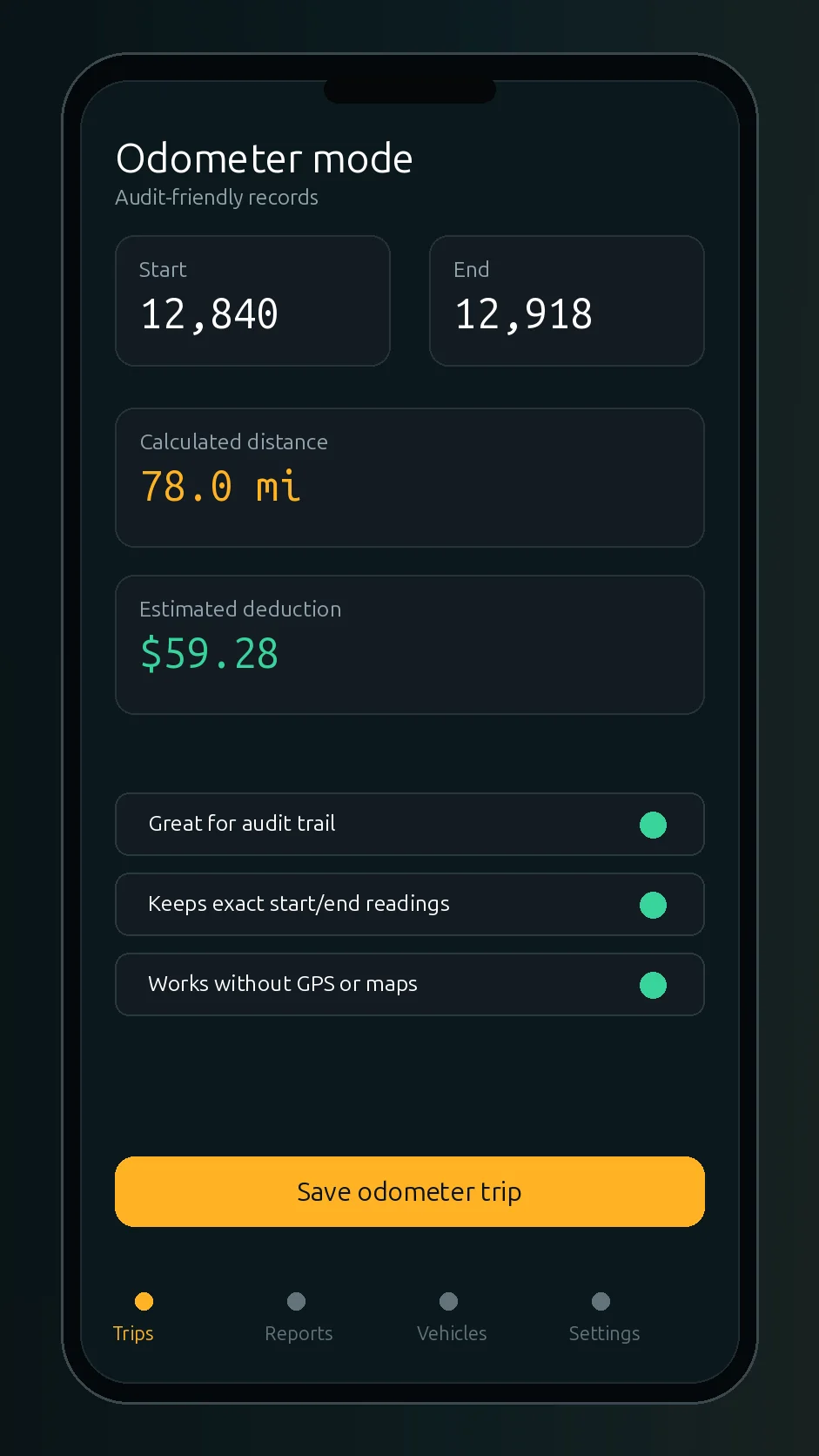Mileage Tracker odometer mode screen for start and end readings