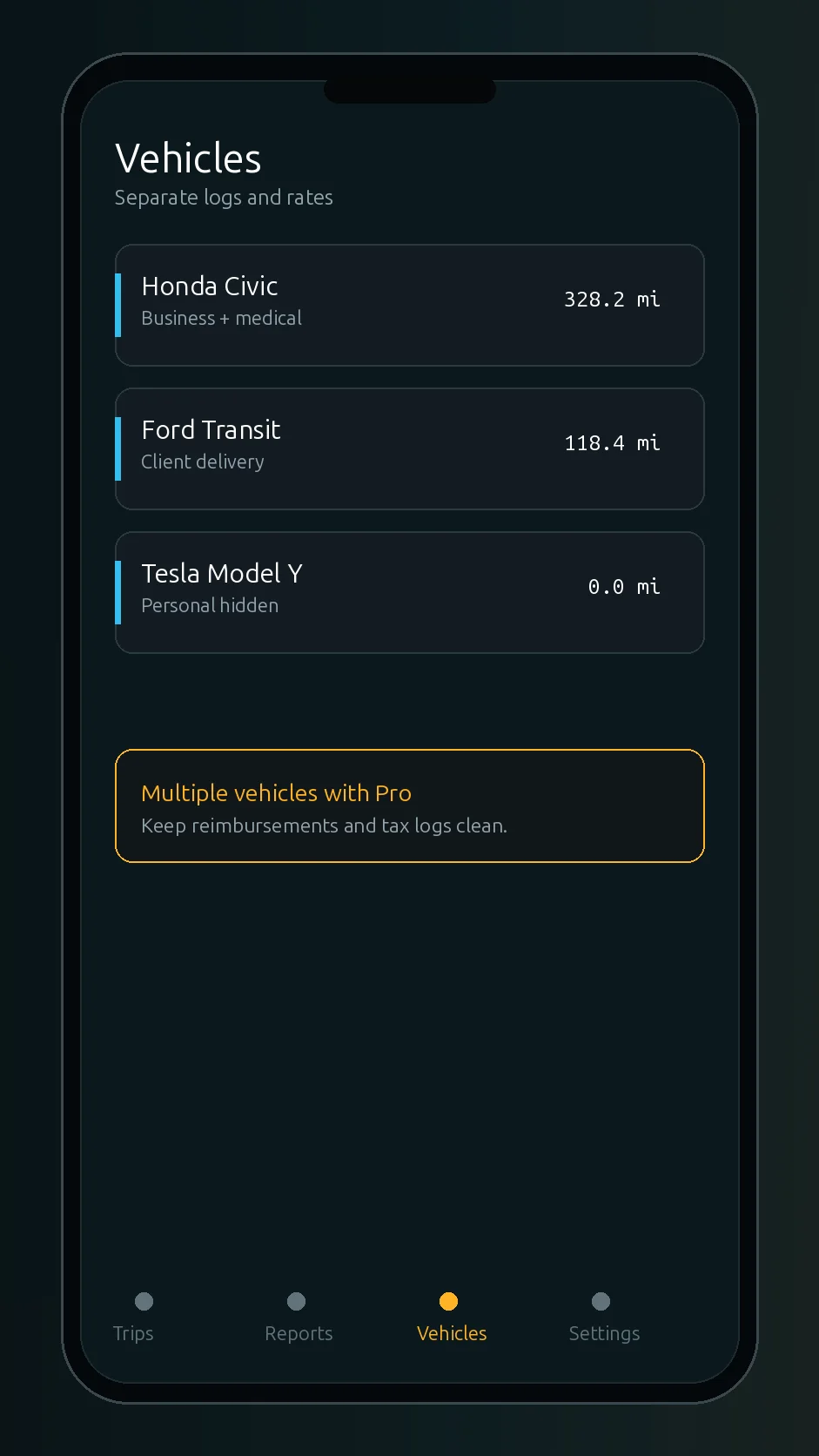 Mileage Tracker vehicles screen for separating mileage by vehicle