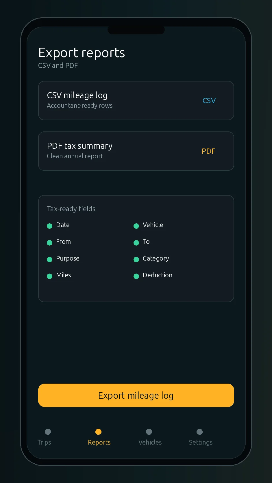Mileage Tracker export screen for PDF and CSV mileage records