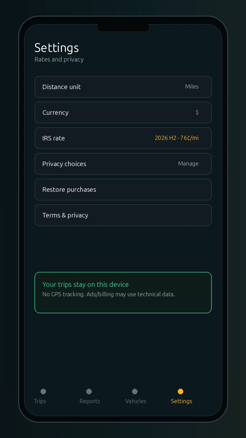 Mileage Tracker settings screen with units, currency, rates and privacy options